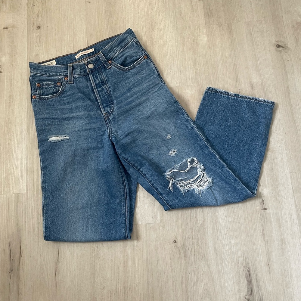 Blue Straight Leg Distressed Jeans